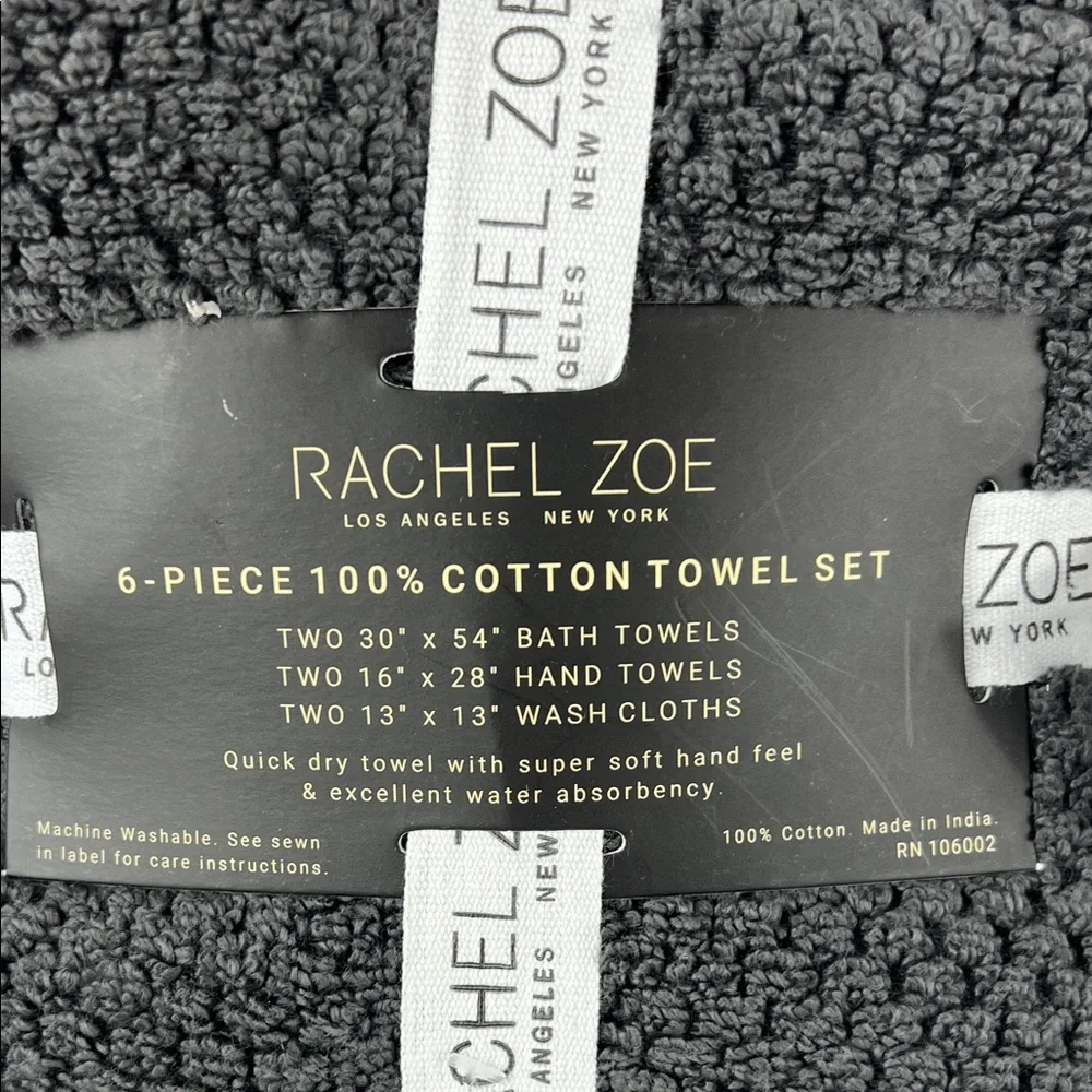 6 Pc Rachel Zoe Bath Towel Set Dark Gray Quick Dry Soft 100% Cotton NEW